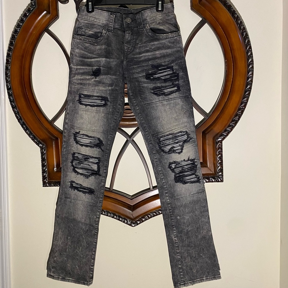 True Religion Ricky Relaxed Straight Distressed Denim Gray and Black Jeans